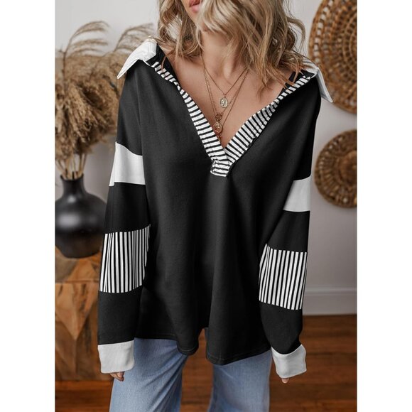 Women Oversized Sweatshirts Color Block Long Sleeve Loose V Neck Fall Outfits - Picture 4 of 6
